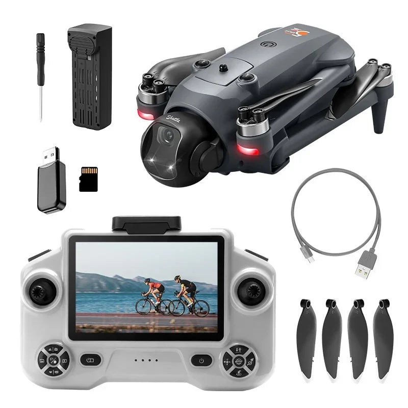 Foldable camera drone kit with remote controller, battery, propellers, USB cable, and memory card.