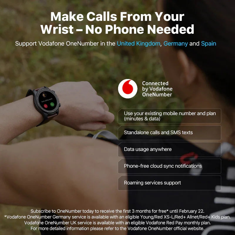 Smartwatch on wrist displaying call feature, supports Vodafone OneNumber, outdoor background