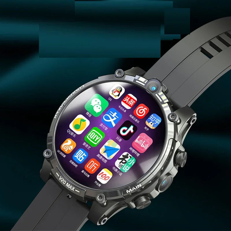 Modern smart watch with round touchscreen displaying colorful app icons, black silicone band