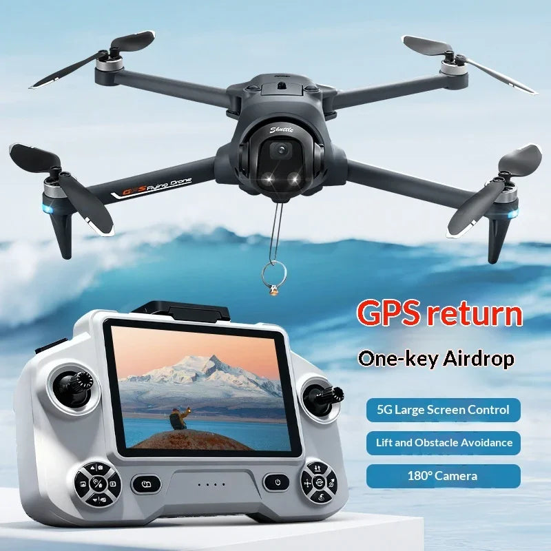 GPS drone with camera, remote controller, large display, and airdrop feature for aerial photography.