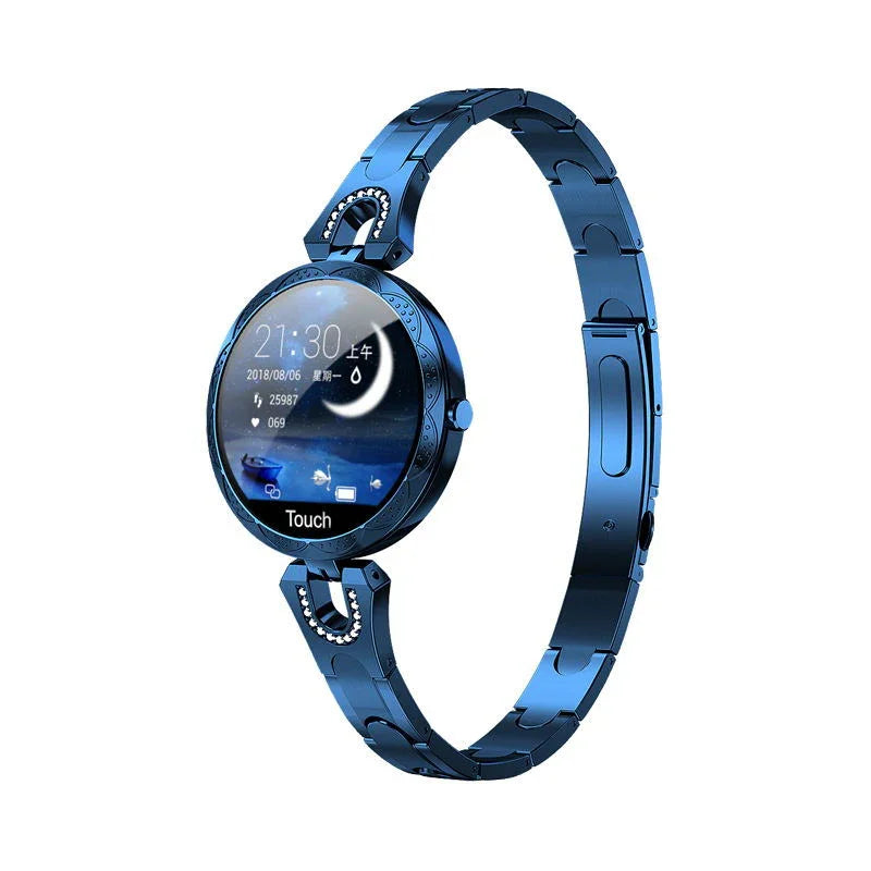 Blue smart watch with round touchscreen and metallic strap, moon phase display