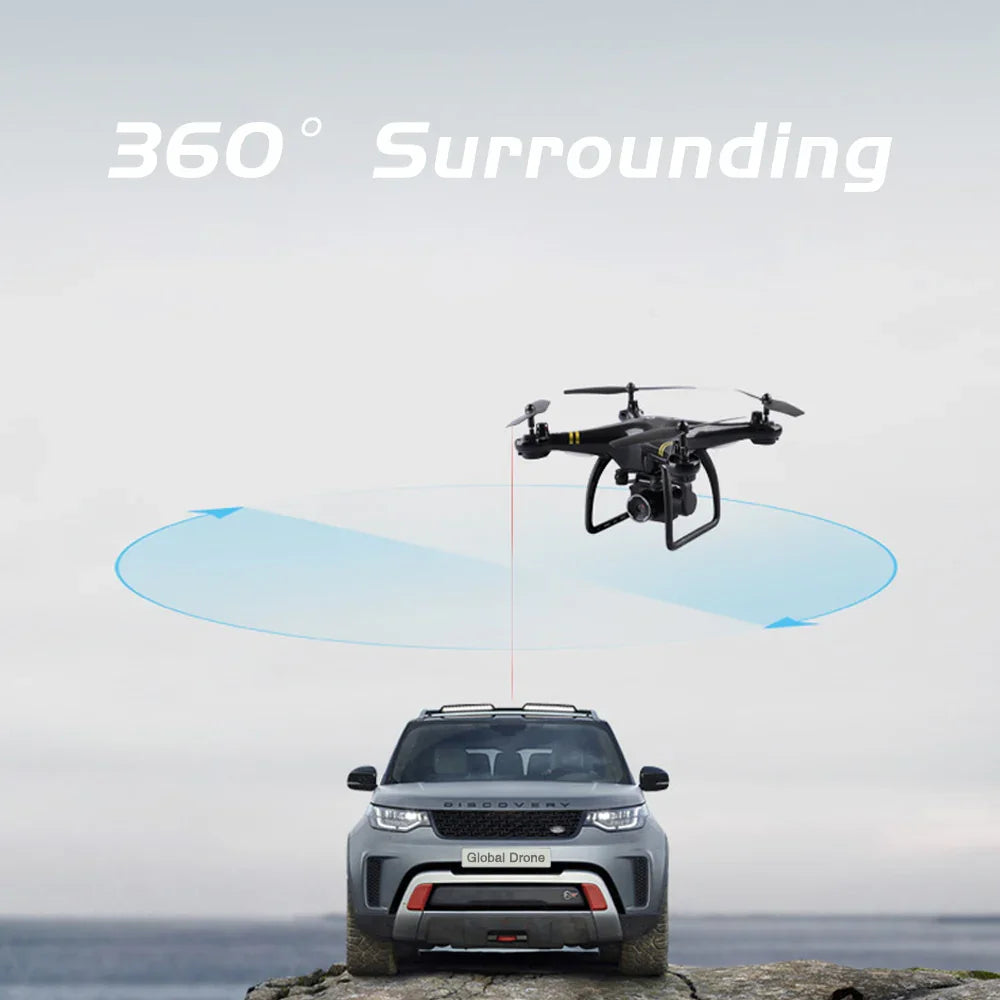 Black quadcopter drone hovering above SUV, demonstrating 360-degree aerial tracking feature.