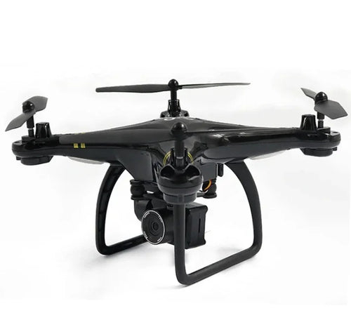 Black quadcopter drone with camera, landing gear, and four propellers on a white background