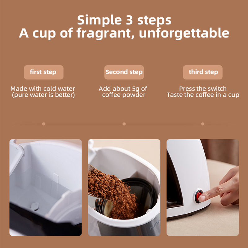 Portable Mini Coffee Maker instructions: three simple steps to brew a cup of coffee.