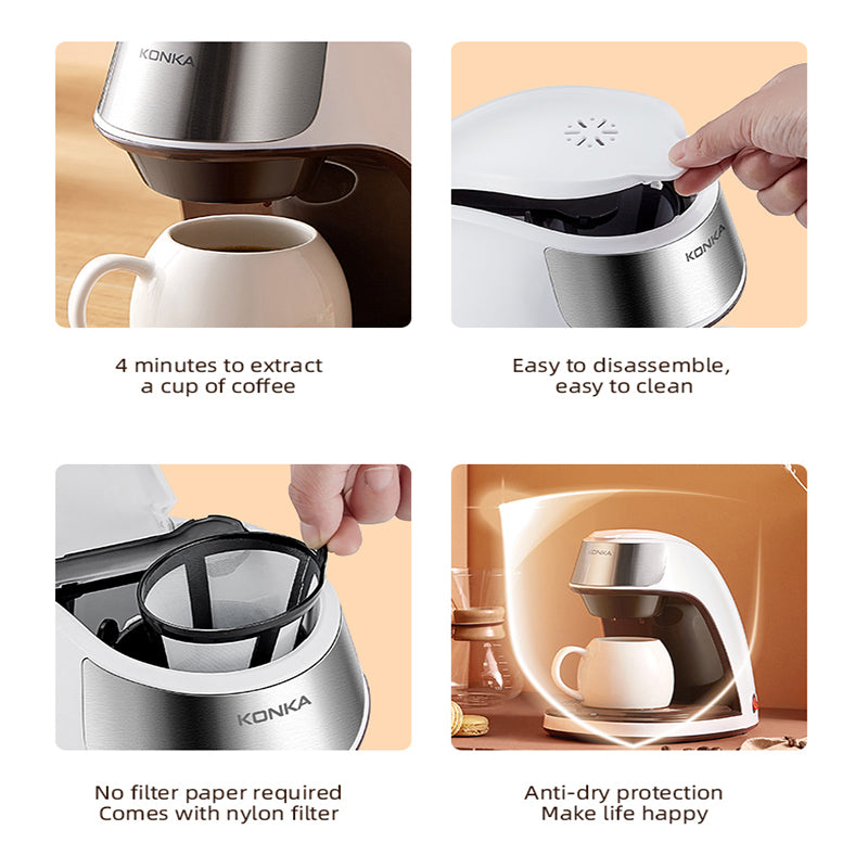 Portable Mini Coffee Maker showcasing features like easy cleaning, nylon filter, and quick extraction.