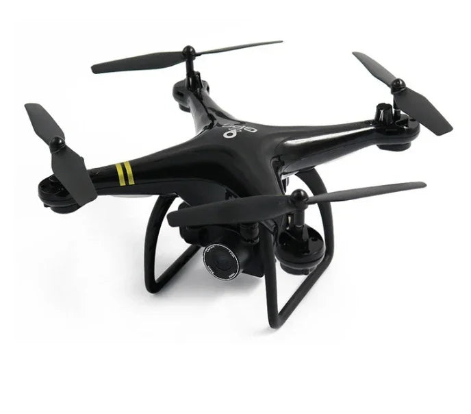 Black quadcopter drone with camera, four propellers, and landing gear on white background