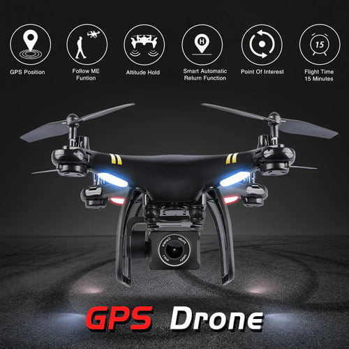 Black GPS drone with camera, LED lights, and flight feature icons on dark background
