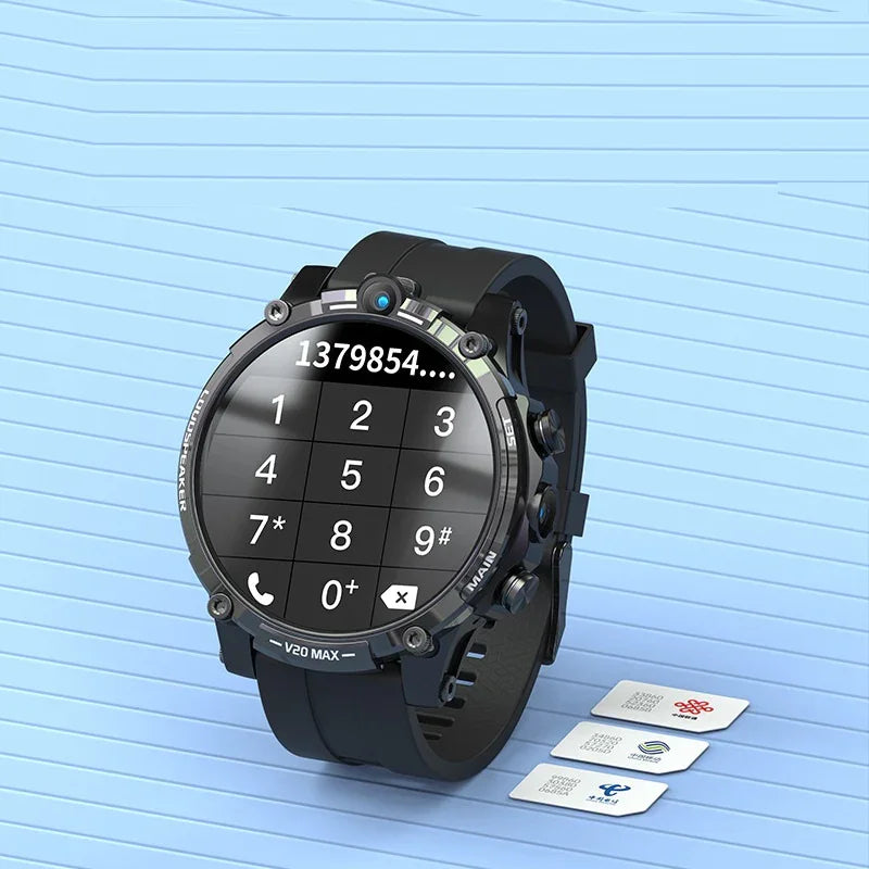 Smartwatch with numeric dial pad screen and three SIM cards on blue background