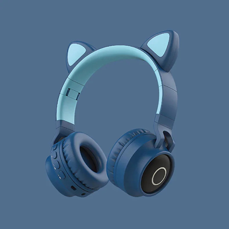 Cat Ear LED Bluetooth Headphones in blue color with cat ears on the headband and audio controls highlighted.