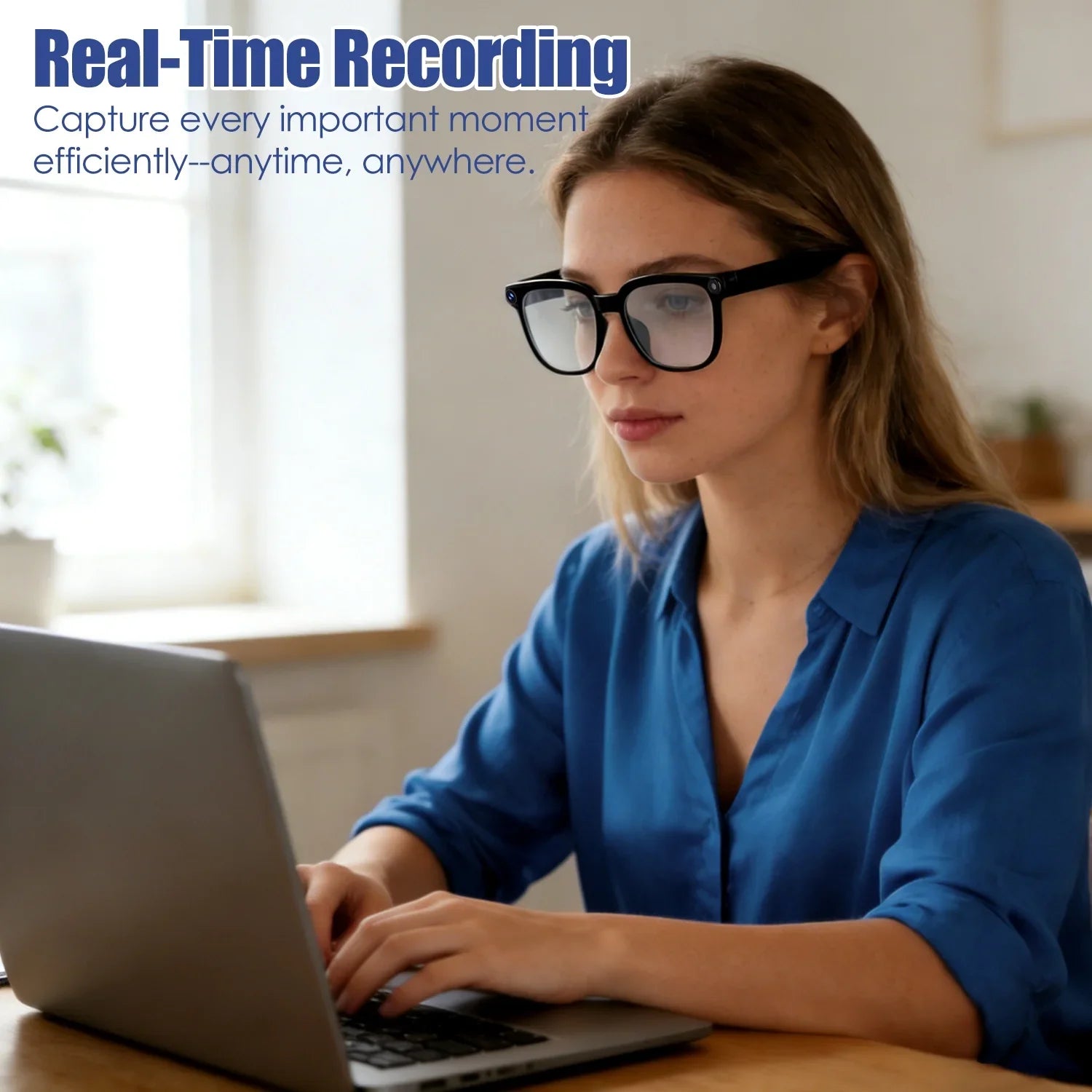 Woman wearing smart glasses using laptop, real-time recording text overlay, home office setting