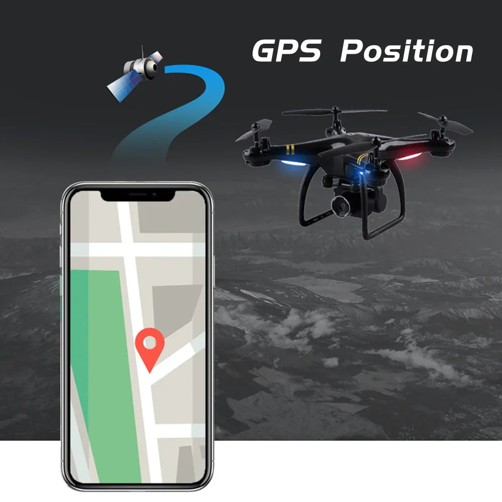 Drone with GPS positioning, smartphone map display and satellite graphic