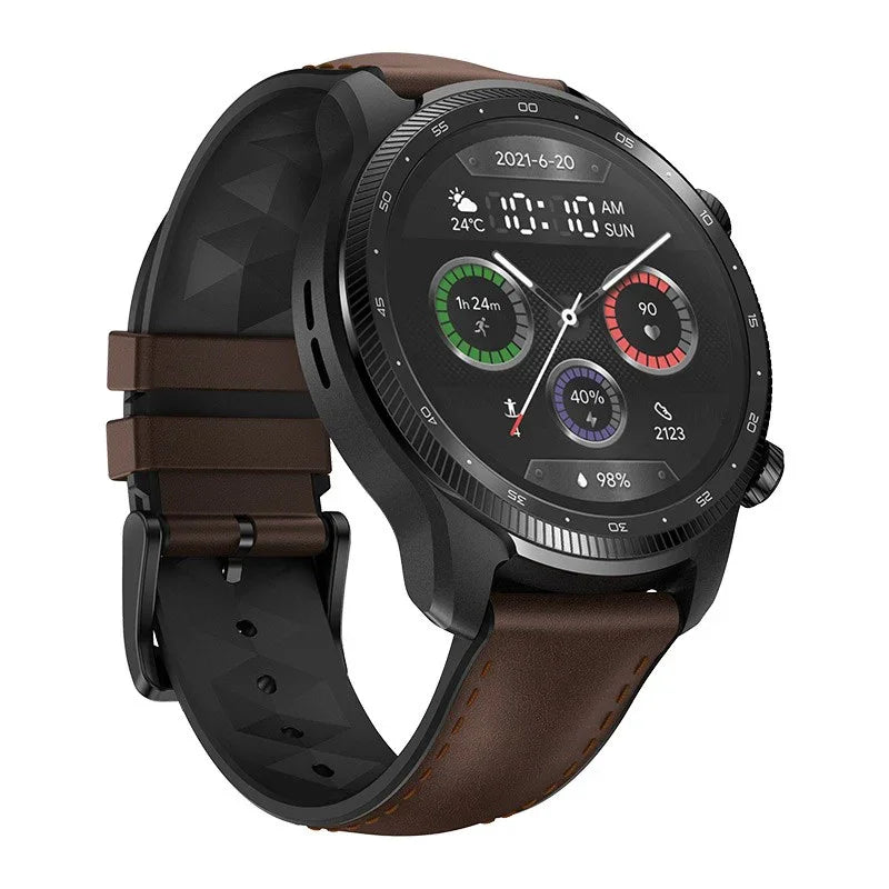 Smartwatch with round black case, brown leather strap, fitness and health tracking display