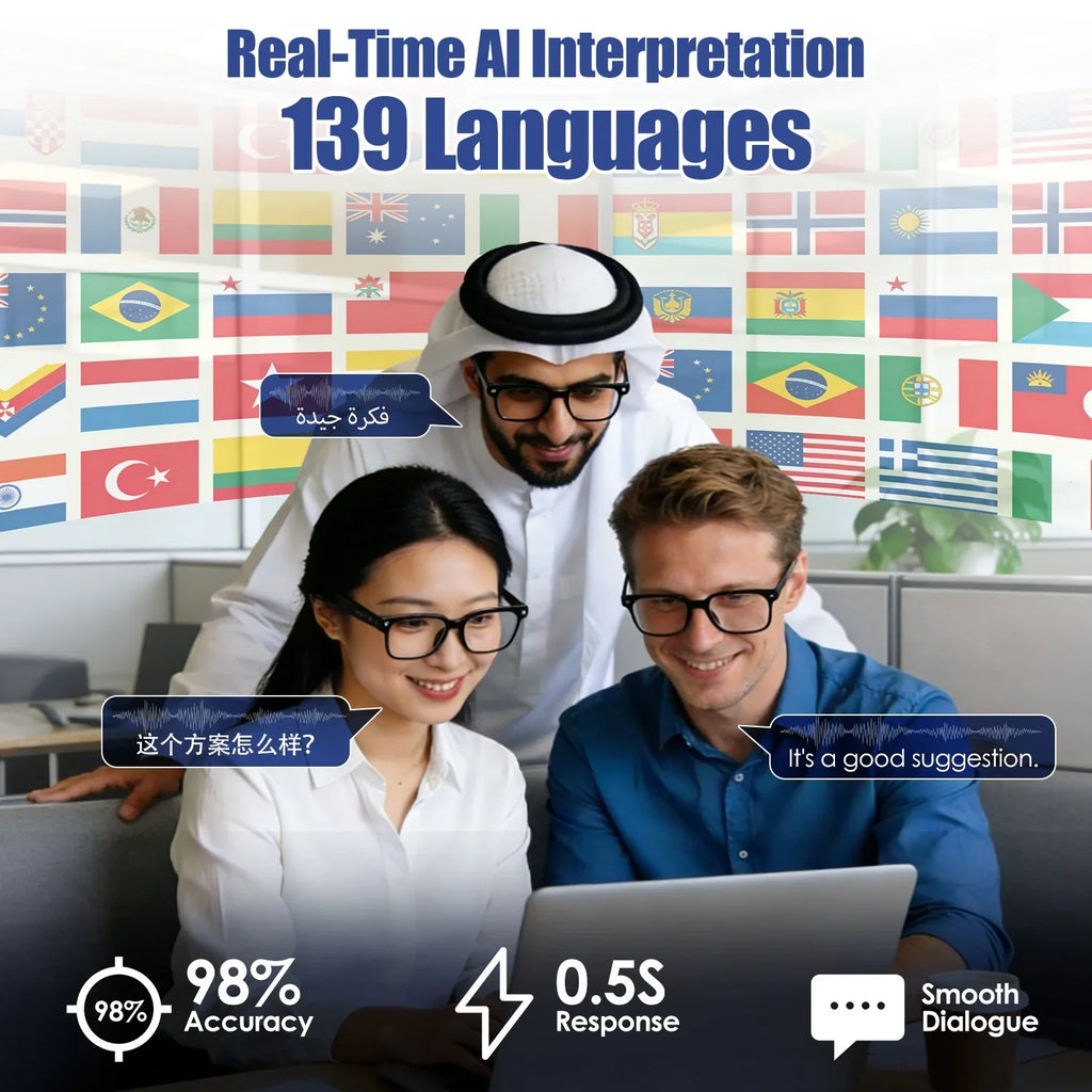Three people using AI translation software on a laptop, with international flags in background.