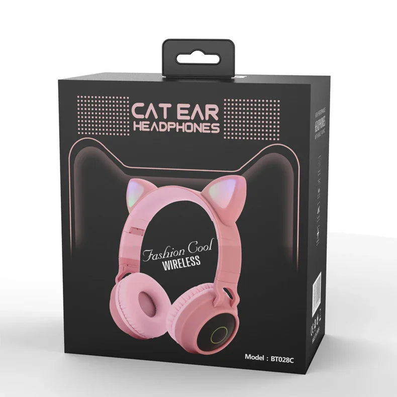 Cat Ear LED Bluetooth Headphones in pink packaging with wireless and fashion cool design features.