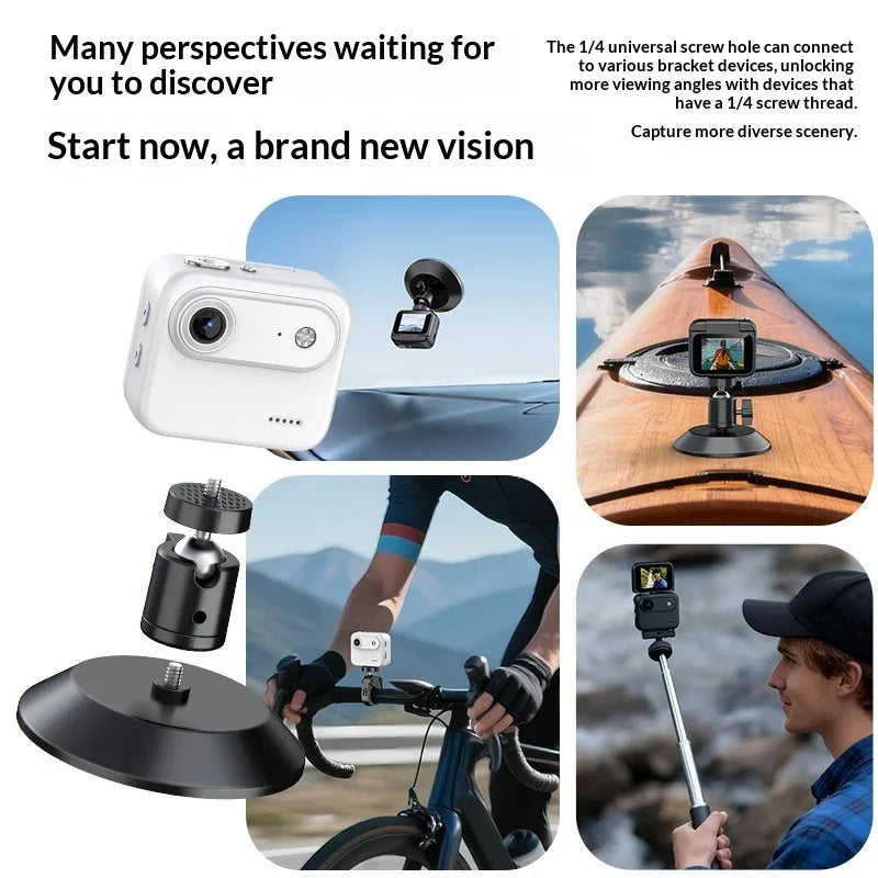 Action camera mount kit shown on bike, kayak, and selfie stick for versatile filming angles