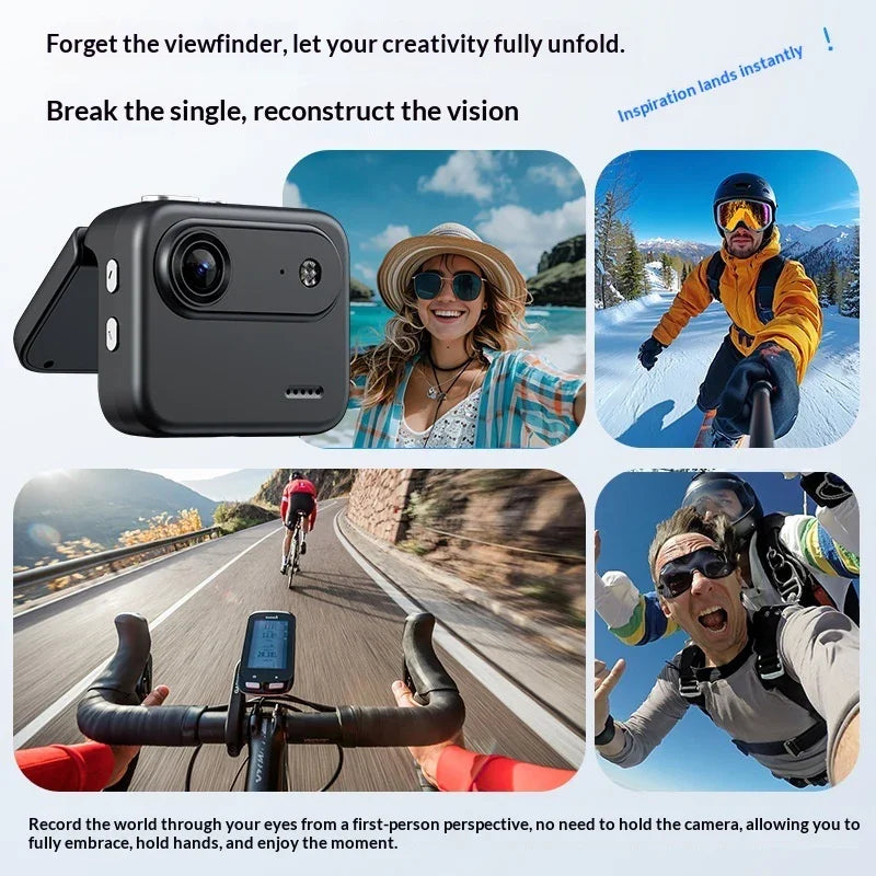 Action camera with flip screen, showcasing travel, cycling, skiing, and skydiving adventures.