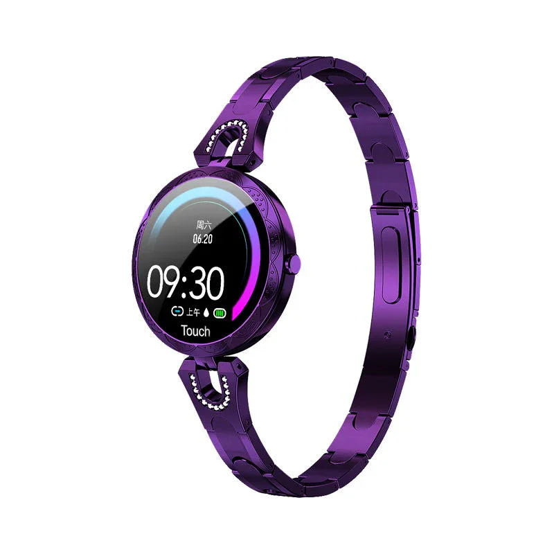 Purple smart watch with round touchscreen display and metal bracelet band on white background