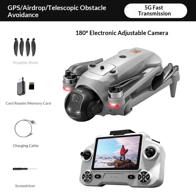 Foldable drone with 180° adjustable camera, remote controller with screen, and drone accessories