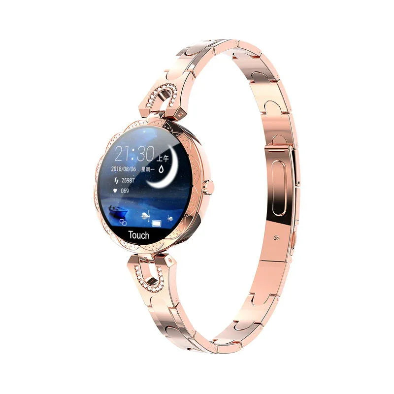 Rose gold round smart watch with digital display and slim metal bracelet
