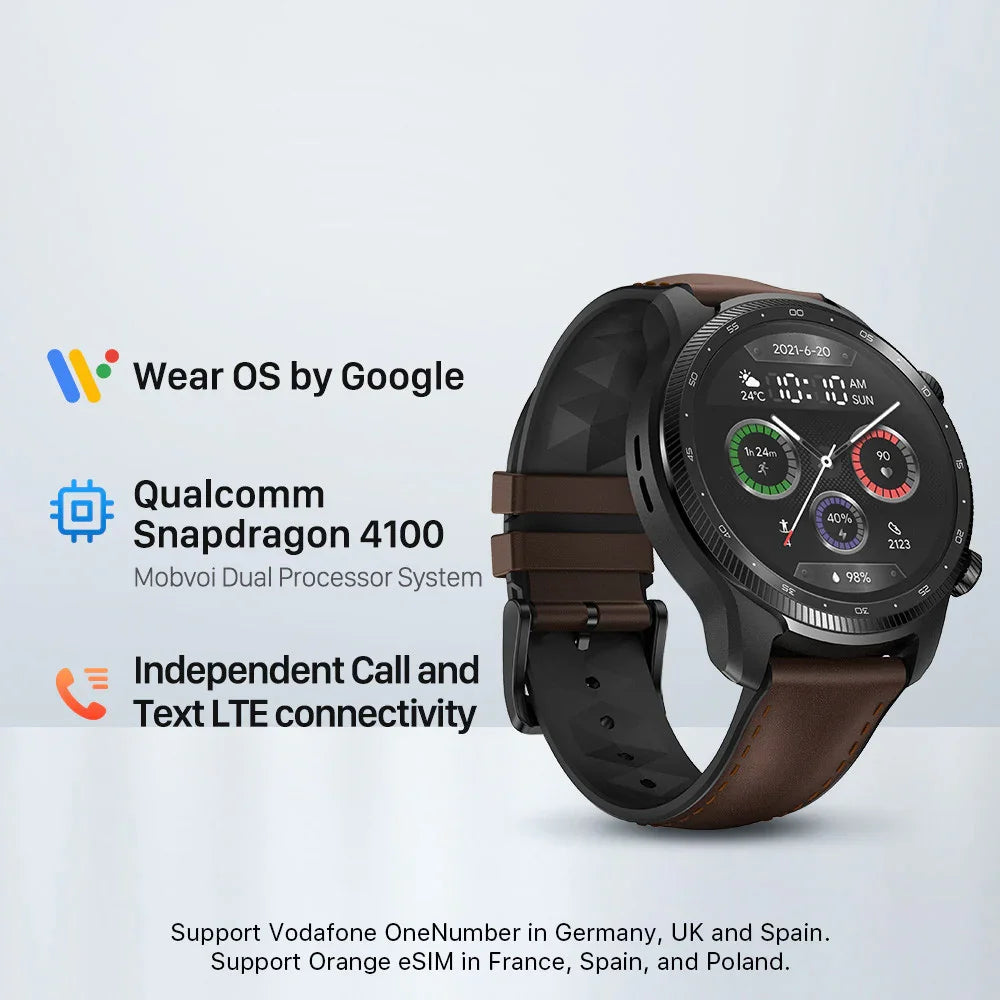 Smartwatch with round display, brown leather strap, Wear OS, Qualcomm 4100, LTE connectivity