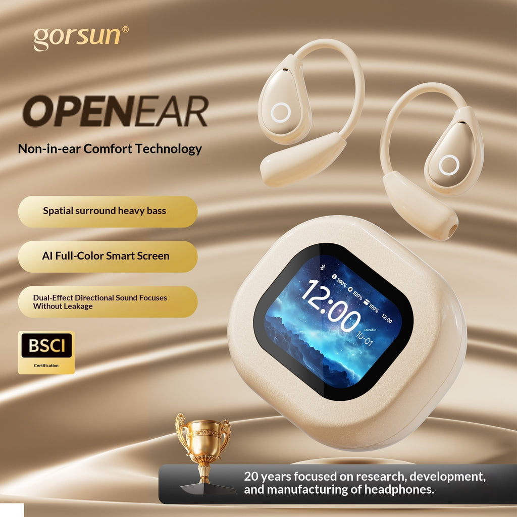 Open-Ear Bluetooth Earphones showcasing non-in-ear comfort technology and a full-color smart screen.