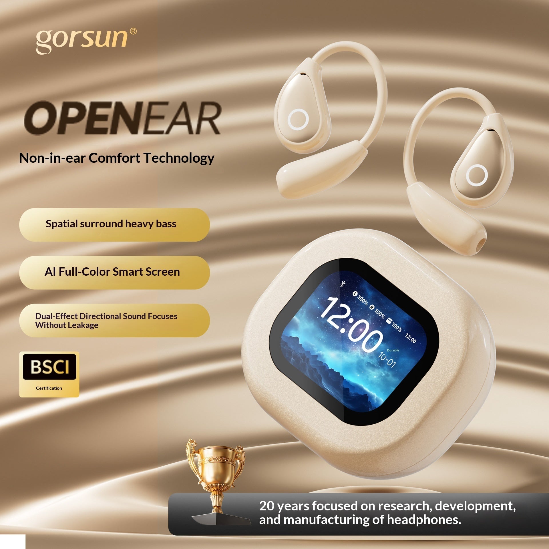 Open-Ear Bluetooth Earphones showcasing non-in-ear comfort technology and a full-color smart screen.