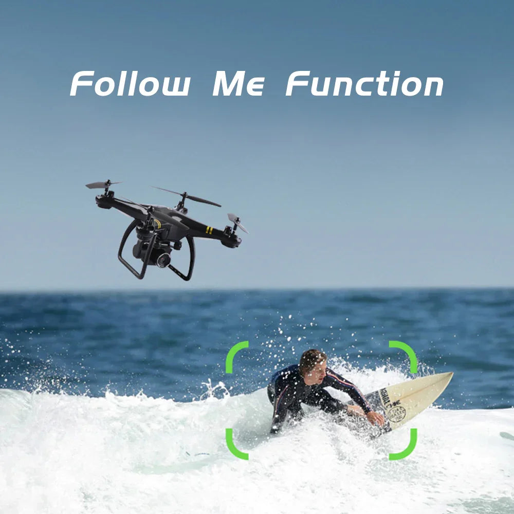 Camera drone tracking a surfer on ocean waves, showcasing follow me function feature