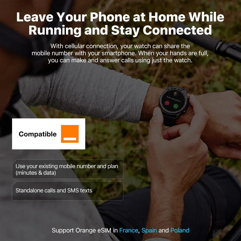 Person using a smartwatch with cellular call feature outdoors, showcasing eSIM compatibility