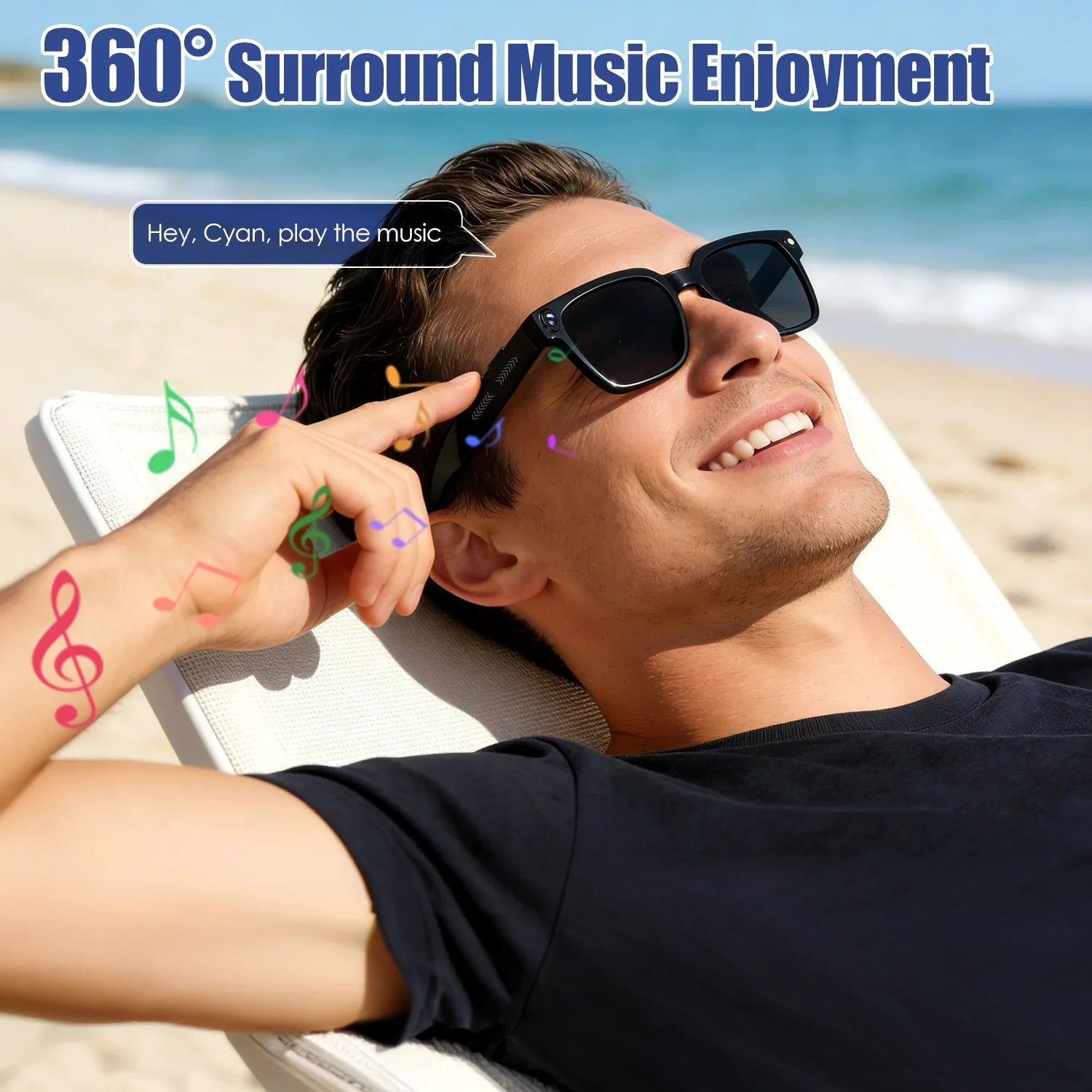 Man relaxing on beach chair wearing smart audio sunglasses, enjoying music with voice control