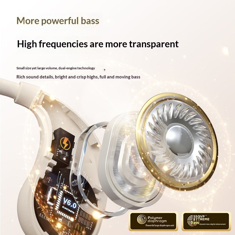Open-Ear Bluetooth Earphones showcasing dual-engine technology for powerful bass and transparent high frequencies.