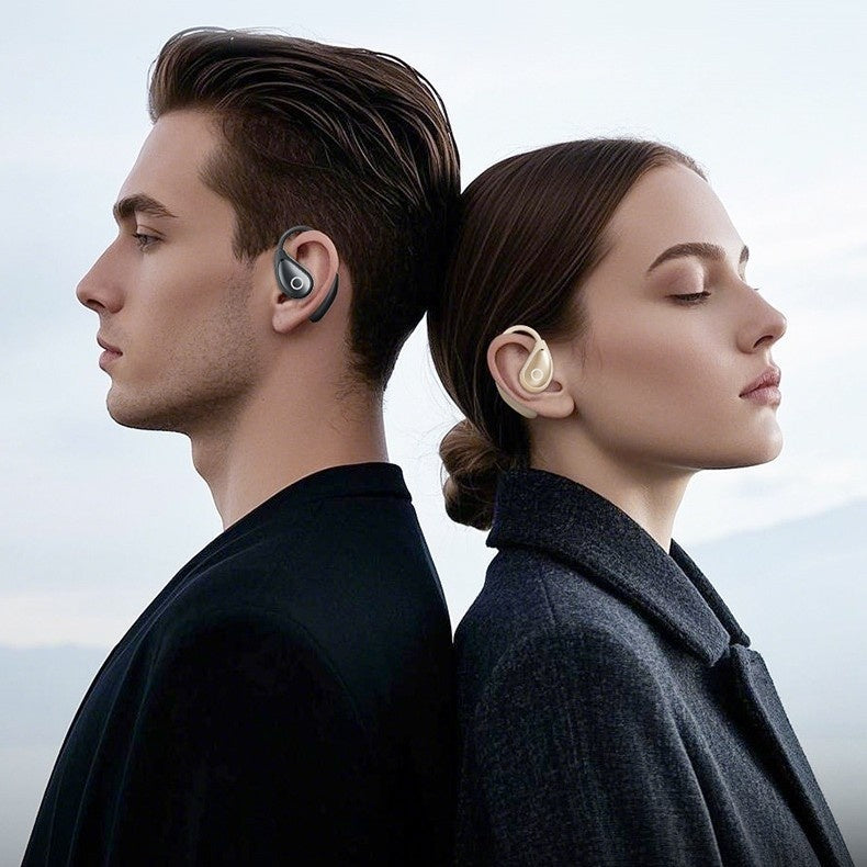 Open-Ear Bluetooth Earphones showcased on a man and woman, emphasizing lightweight and comfortable design.