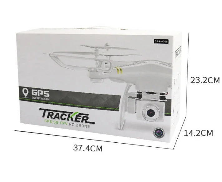 Tracker GPS 5G FPV RC drone packaging box with product image and dimensions