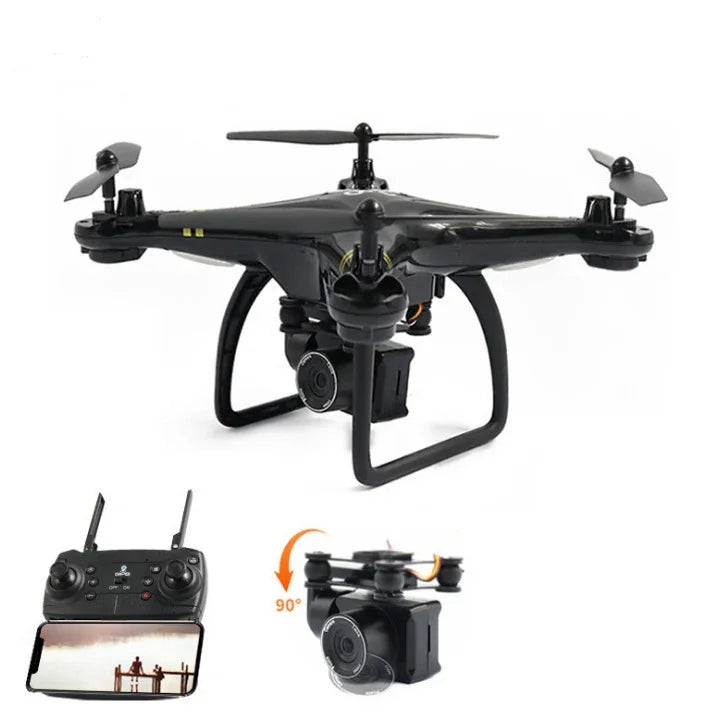 Black quadcopter drone with adjustable HD camera and remote control with phone display
