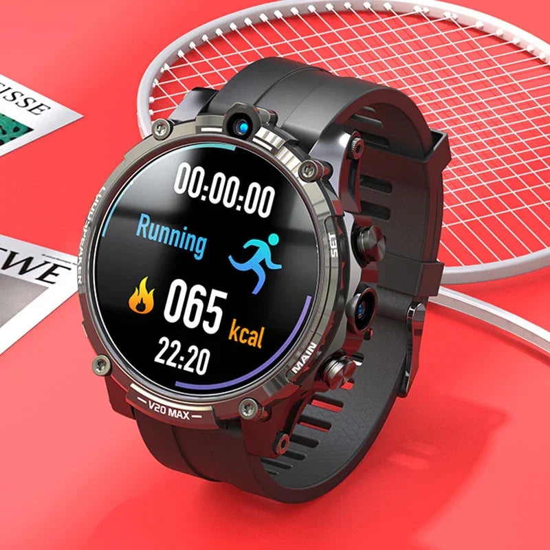 Black sports smartwatch displaying running activity, calories burned, on a red surface with a badminton racket.