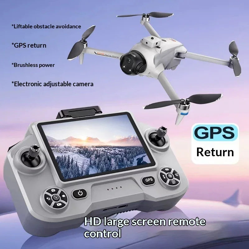 White GPS drone with camera and large screen remote control, outdoor background