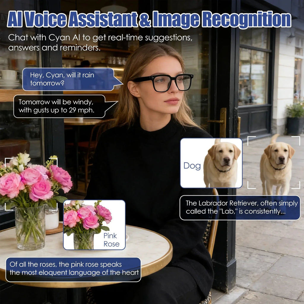 Woman wearing glasses using AI voice assistant at outdoor café with pink roses and Labrador dogs.