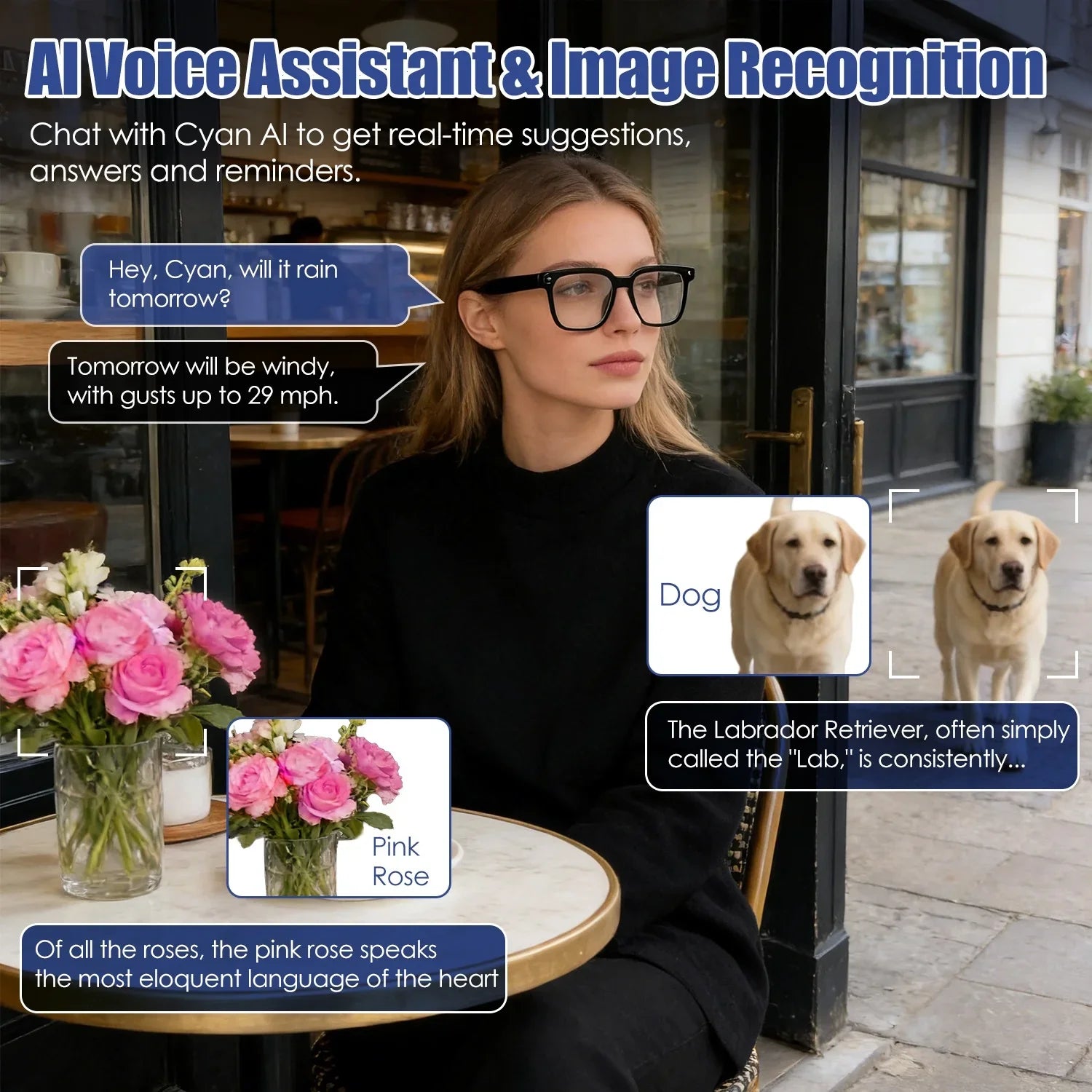 Woman wearing glasses using AI voice assistant at outdoor café with pink roses and Labrador dogs.