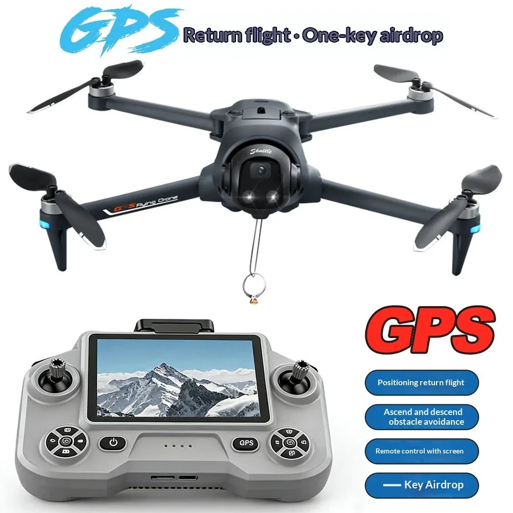 GPS drone with camera, return flight, one-key airdrop, remote control with screen.