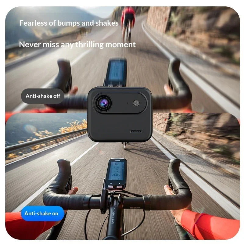 Bike camera with anti-shake feature shown in cycling action for stable video recording