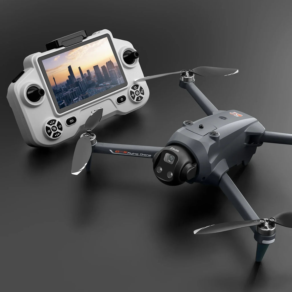 Foldable camera drone with four propellers and remote controller featuring a built-in screen.