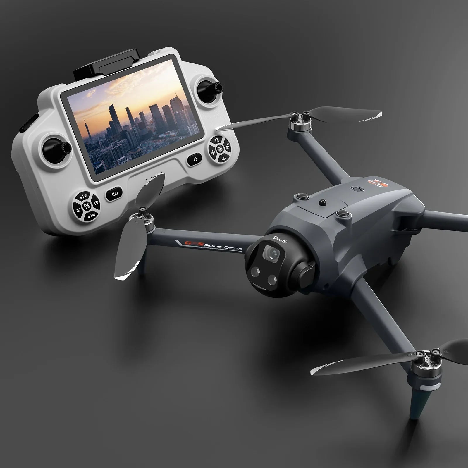 Foldable camera drone with four propellers and remote controller featuring a built-in screen.