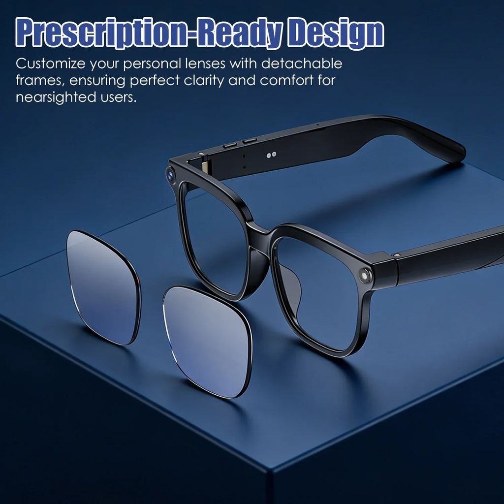 Smart eyeglass frames with detachable prescription lenses on blue background