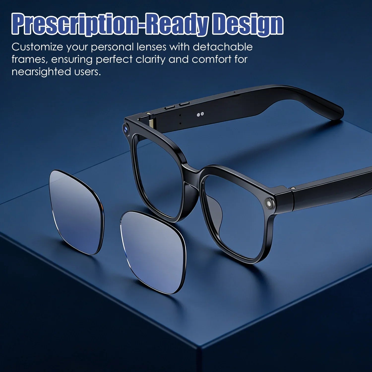 Smart eyeglass frames with detachable prescription lenses on blue background