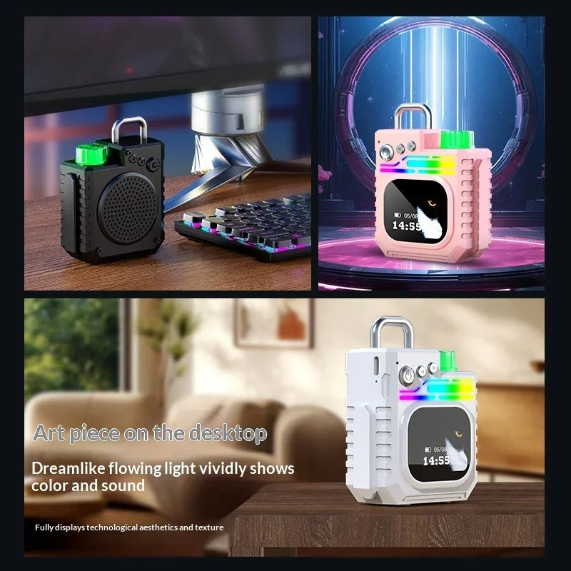 Retro portable Bluetooth speaker with LED lights, clock display, and modern desktop décor.