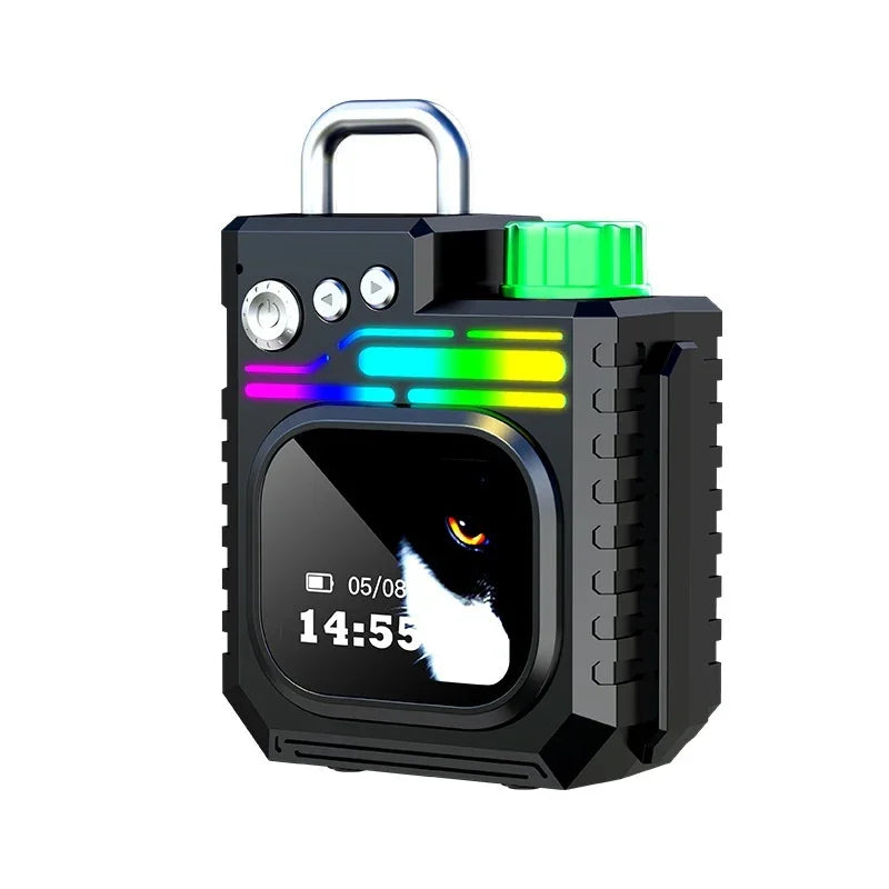 Black portable Bluetooth speaker with LED lights, digital screen, and rugged design