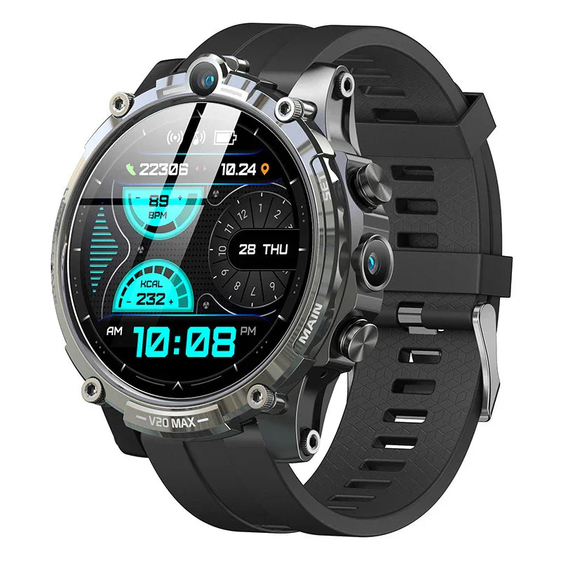 Rugged smart watch with black strap, round digital display showing health stats and time
