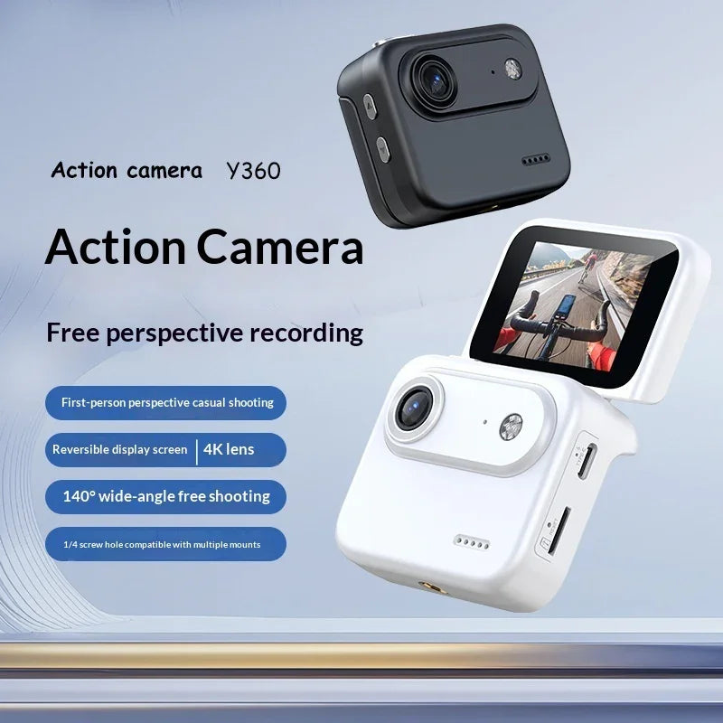 Y360 action camera with 4K lens, reversible display, and 140° wide-angle, black and white models.