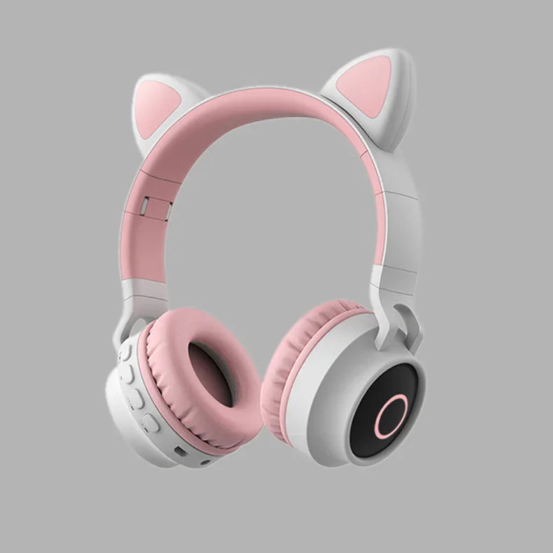 Cat Ear LED Bluetooth Headphones in pink and white design with cat ears and padded ear cups.