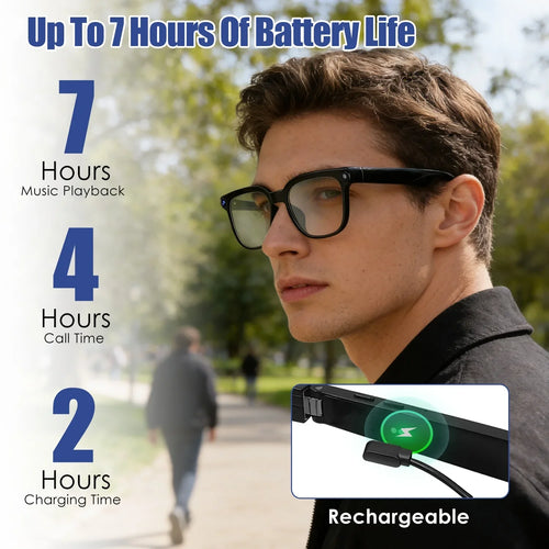 Man wearing smart glasses outdoors, with battery life and charging time details highlighted.
