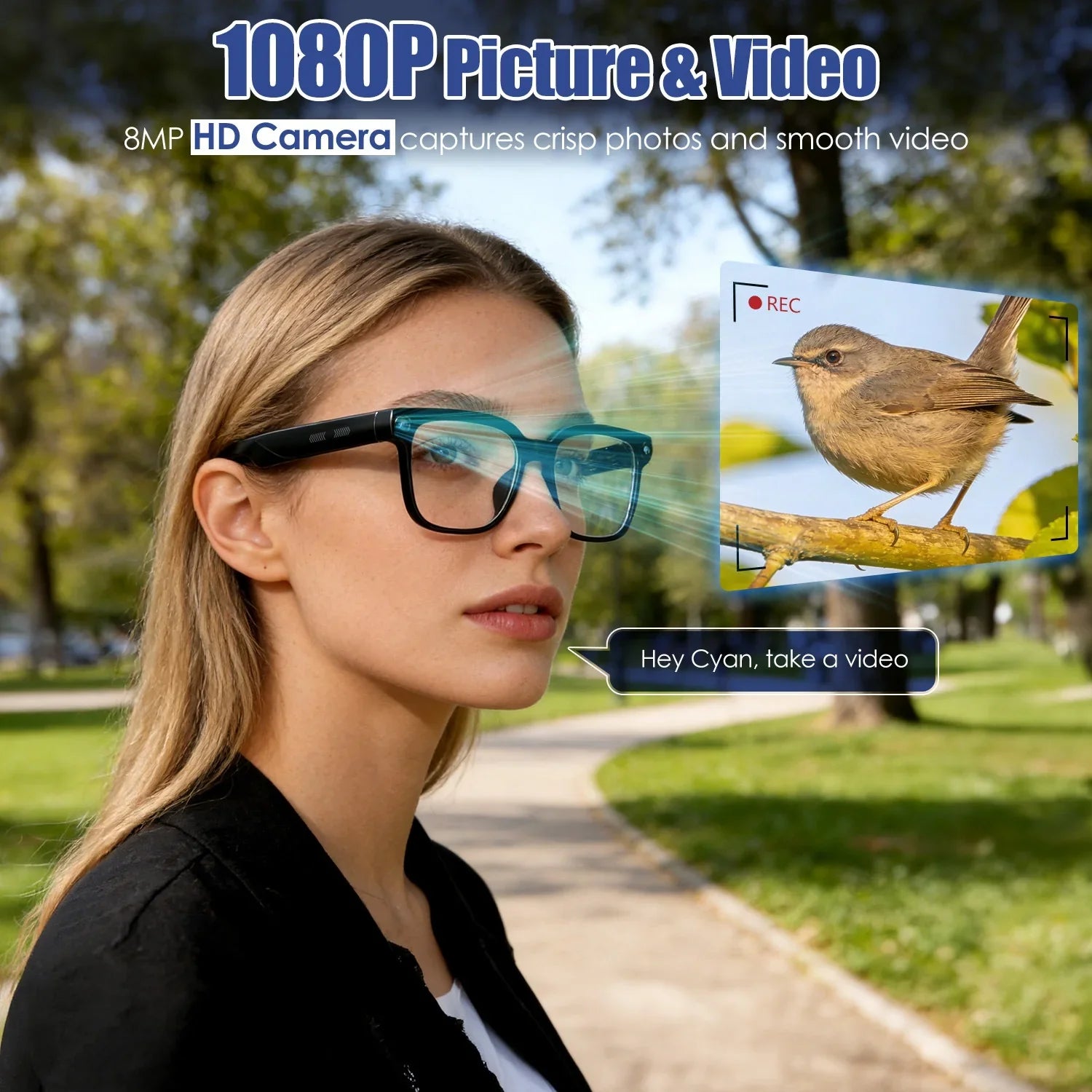Woman wearing smart glasses with 1080P HD camera, voice control, and video recording features outdoors